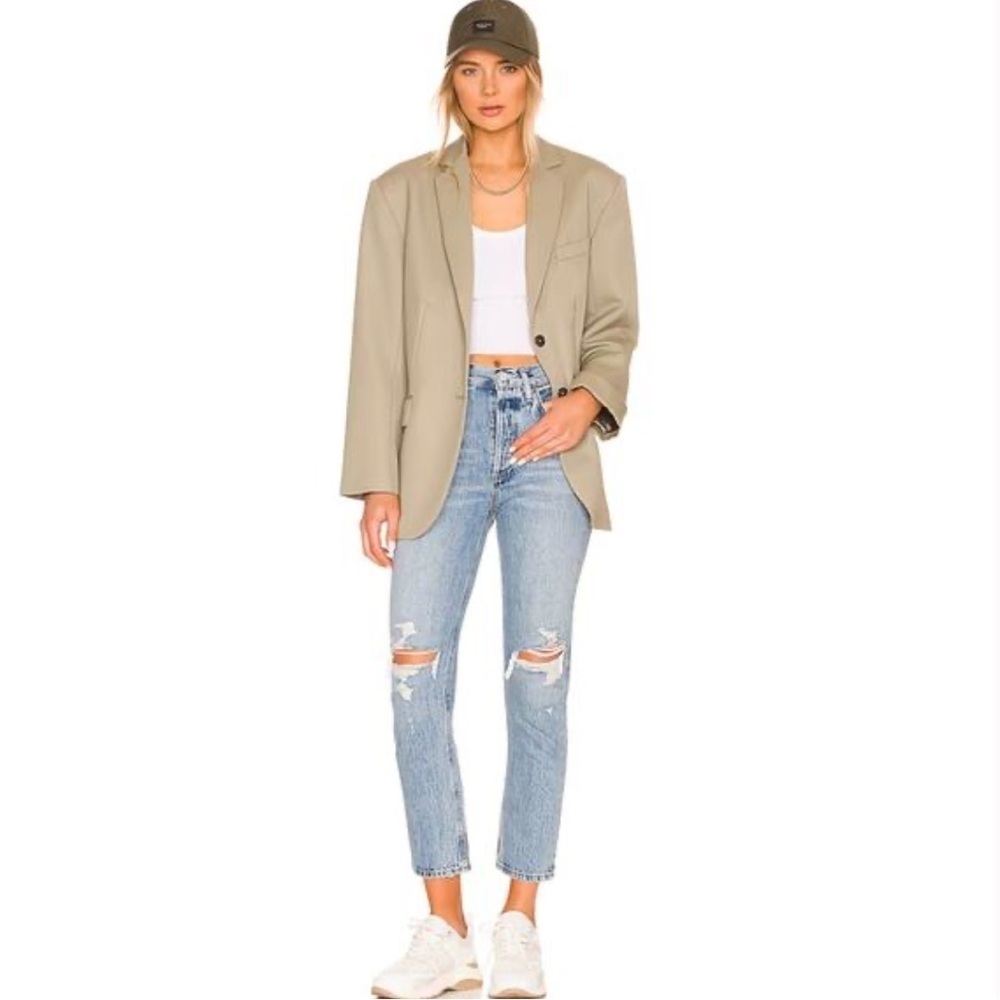 AGOLDE Riley High Rise Straight Crop Distressed Ripped Knee Denim Cotton Jeans